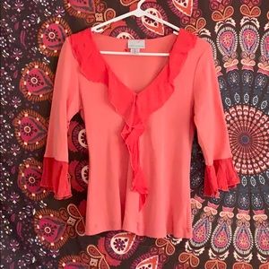 Light and Dark Peach Shirt with V-Neck and Ruffles